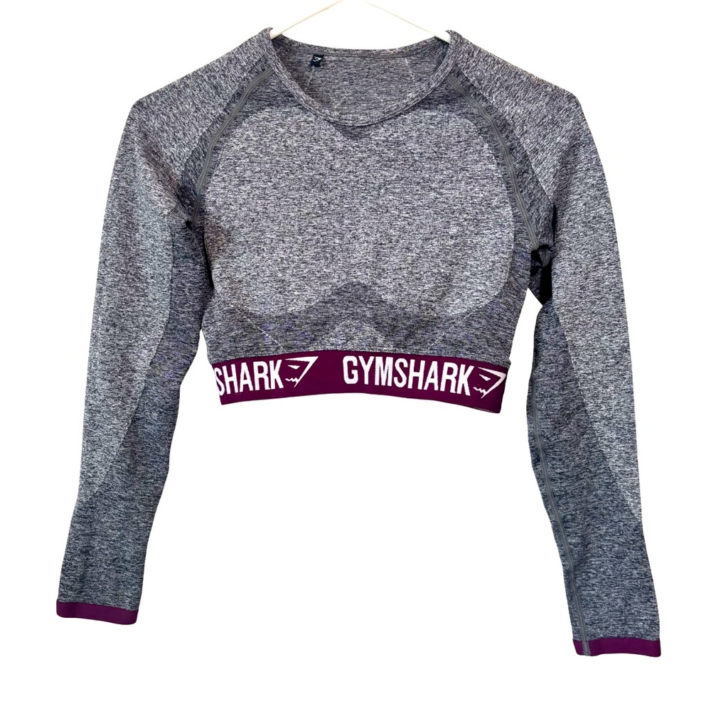 Gym Shark | Flex Crop Top Long Sleeve Workout Top Gray and Purple Size XS